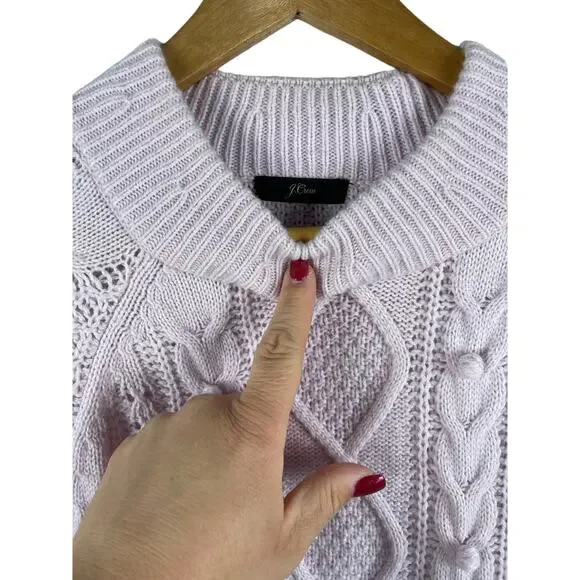 J. Crew Lambswool Azra Cable Knit Pom-Pom Sweater Vivid Lilac Size‎ Medium - Picture 9 of 12